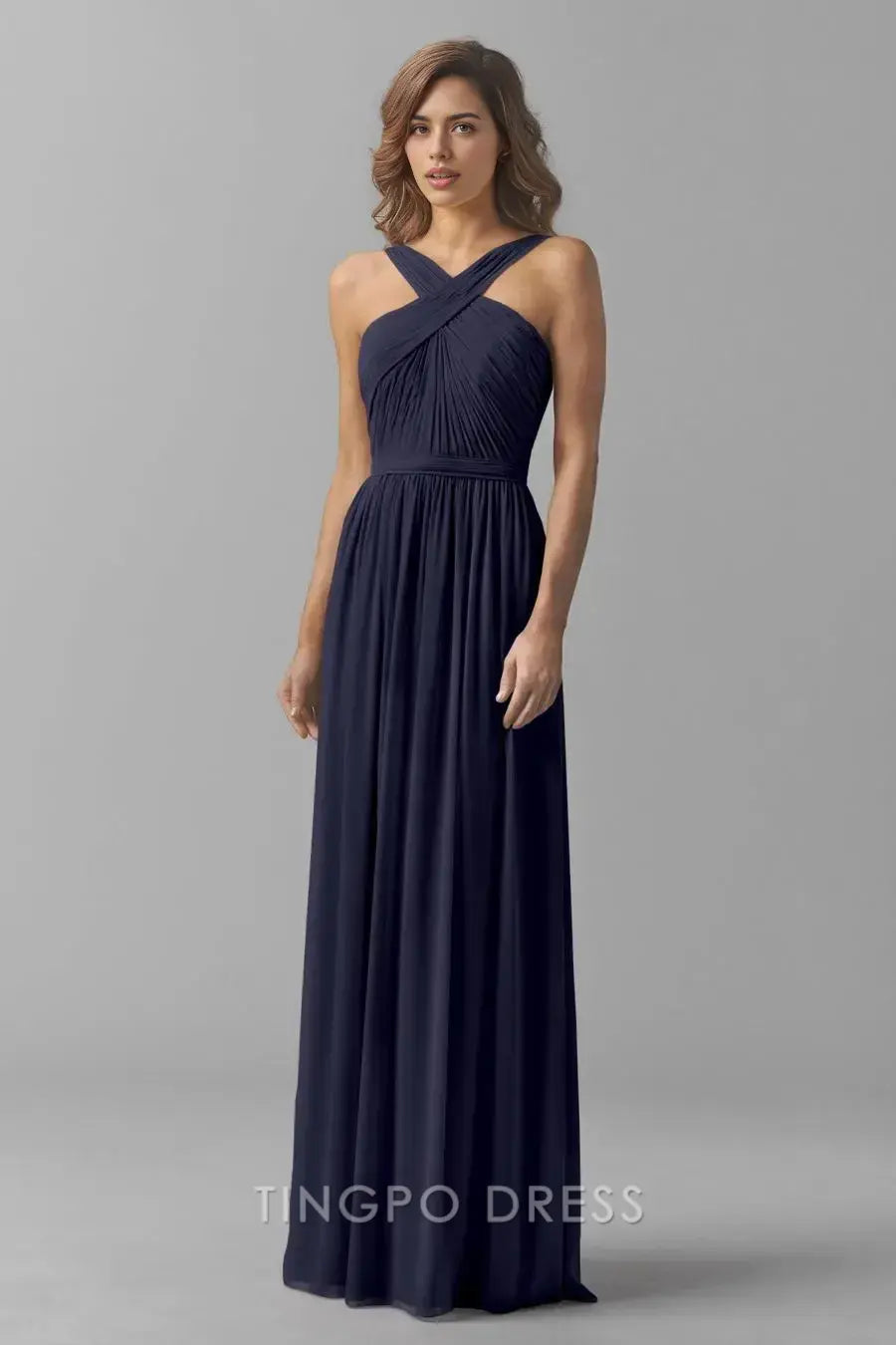TingPo Wholesale Elegant Cross Halter Maxi Dress - Navy Blue Ruched Waist Formal Gown